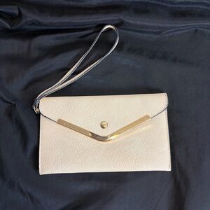 Cream Leather Envelope Wristlet Clutch Gold Hardware Minimalist Bag